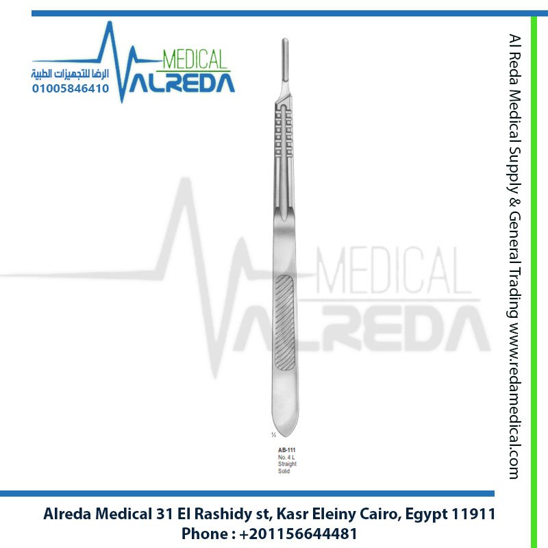 يد ومقبض مشرط جراحي طويل رقم 4L Scalpel Handle No 4L Long Straight Solid for Large Surgical Blades Deep Cavity Surgery German UK Pakistani Grade Alreda Medicalمستقيم مصمت Scalpel Handle No 4L Straight Solid ألماني وإنجليزي وباكستاني شركة الرضا