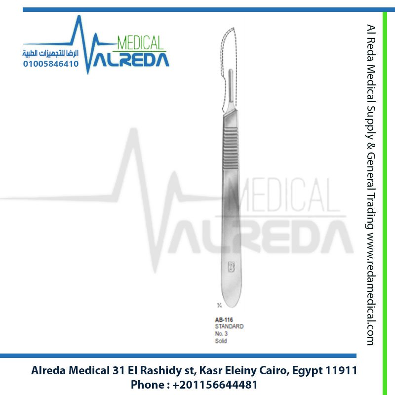 يد ومقبض مشرط جراحي رقم 3 مصمت Scalpel Handle No 3 Solid ألماني وإنجليزي وباكستاني شركة الرضا Scalpel Handle No 3 Solid Standard for Surgical Blades 10 to 15 German UK Pakistani Grade Alreda MedicalAlreda Medical Equipment & Surgical Instruments supplies the clinical-grade Scalpel Handle No. 3 Solid Standard (BP Handle #3), precision-engineered for general surgery, plastic & reconstructive procedures, maxillofacial interventions, cardiovascular operations, and micro-dissection. Designed with a solid stainless steel profile, this handle features a standard mounting head calibrated for a seamless, secure fit with small precision surgical blades (#10, #11, #12, #12D, #13, #14, #15, and #15C). At Alreda Medical, our No. 3 solid scalpel handles incorporate a laser-etched metric measuring scale along the body and longitudinal anti-slip grip serrations, ensuring zero blade wobble, superior fingertip tactile responsiveness, and balanced handling across three premier manufacturing grades: German Industry Grade (German Grade): The gold standard in metallurgical hardness, micron-precise blade slot machining for absolute stability, and maximum endurance against repeated high-pressure autoclave sterilization cycles. UK Industry Grade (UK Grade): Premium British surgical steel delivering optimal center-of-gravity balance, lightweight ergonomics, and long-term corrosion resistance. Pakistani First-Grade (Pakistani 1st Grade / Grade A+): Fabricated from Grade A+ surgical stainless steel alloy, delivering dependable clinical cutting control and structural durability at competitive price points. All surgical instruments provided by Alreda Medical are backed by the longest certified warranty in the healthcare market against rust, corrosion, and structural defects, fully compliant with ISO 13485 and CE Mark standards. Key Specifications: Blade Compatibility: Precision-fit mounting head designed for surgical blade sizes #10, #11, #12, #12D, #13, #14, #15, and #15C. Handle Geometry & Scale: Solid flat design (~12.5 cm overall length) equipped with an integrated laser-engraved millimeter/centimeter scale. Surface Grip: Ergonomic tactile ridges preventing glove slippage in wet operative fields. Primary Usage: Precision skin incisions, delicate soft tissue dissection, plastic reconstruction, vascular arteriotomy access, and minor surgical procedures. Guarantee: Backed by Alreda Medical’s long-term comprehensive warranty.