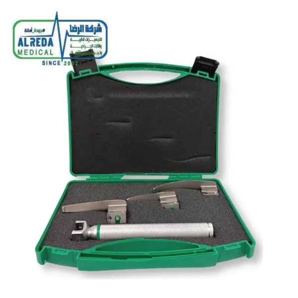 طقم منظار حنجري ألياف ضوئية ميلر 3 شفرات ألماني وإنجليزي وباكستاني شركة الرضا Miller Fiberoptic Laryngoscope Set 3 Straight German UK Pakistani Grad Alreda Medical