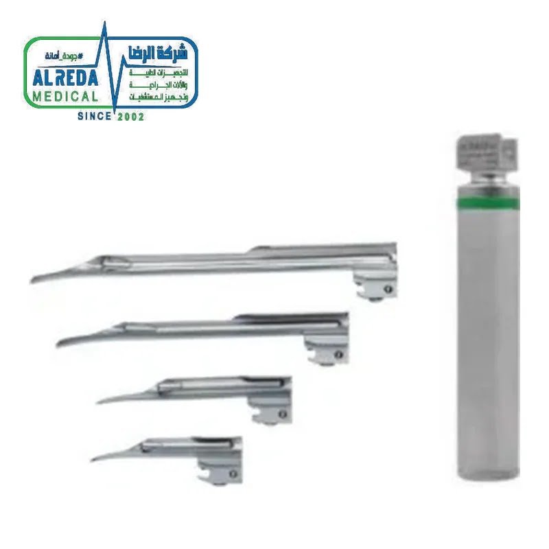 طقم منظار حنجري ألياف ضوئية ميلر 4 شفرات ألماني وإنجليزي وباكستاني شركة الرضا Miller Fiberoptic Laryngoscope Set 4 Straight Blades Green System German UK Pakistani Grade Alreda Medical