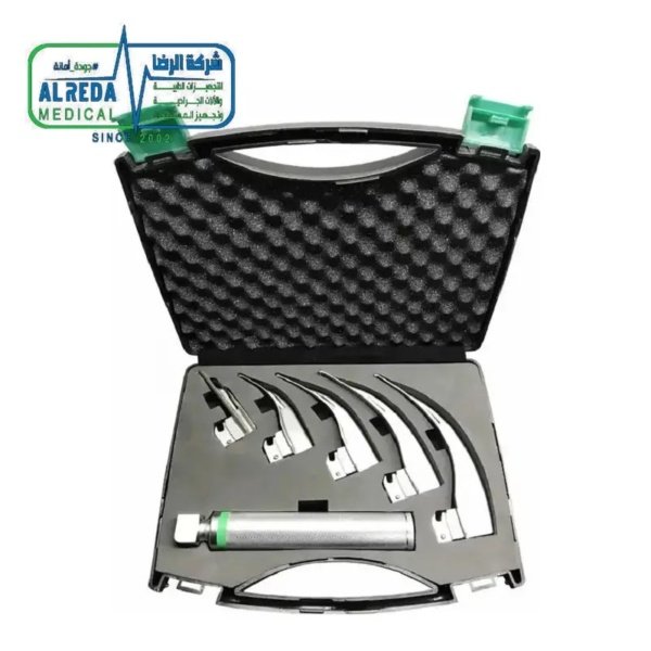 طقم منظار حنجري ماكنتوش 5 شفرات Macintosh Fiberoptic Laryngoscope Set 5 Curved Blades Green System German UK Pakistani Grade Alreda Medical ألياف ضوئية Macintosh Fiberoptic Laryngoscope ألماني وإنجليزي وباكستاني شركة الرضا