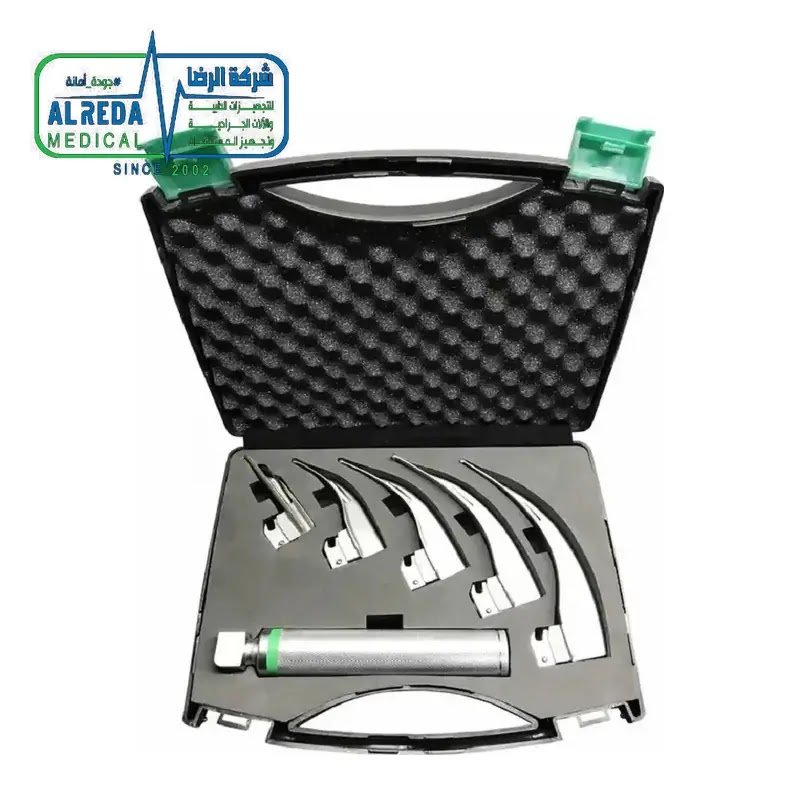 طقم منظار حنجري ماكنتوش 5 شفرات Macintosh Fiberoptic Laryngoscope Set 5 Curved Blades Green System German UK Pakistani Grade Alreda Medical ألياف ضوئية Macintosh Fiberoptic Laryngoscope ألماني وإنجليزي وباكستاني شركة الرضا