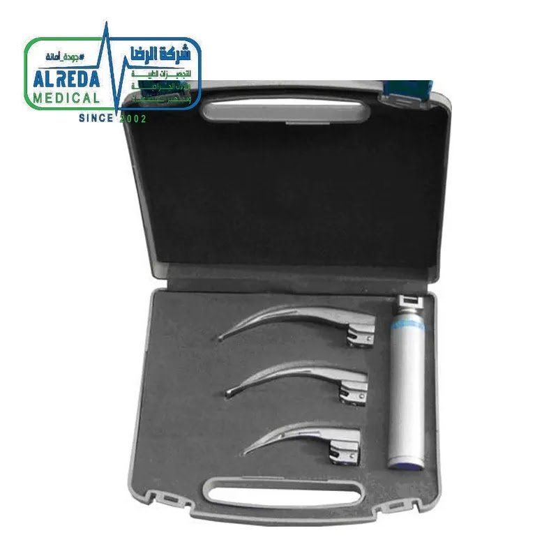 طقم منظار حنجري ماكنتوش ألياف ضوئية Macintosh Fiberoptic Laryngoscope Set 3 Curved Blades Green System German UK Pakistani Grade Alreda Medical 3 شفرات منحنية Macintosh Fiberoptic Laryngoscope ألماني وإنجليزي وباكستاني شركة الرضا